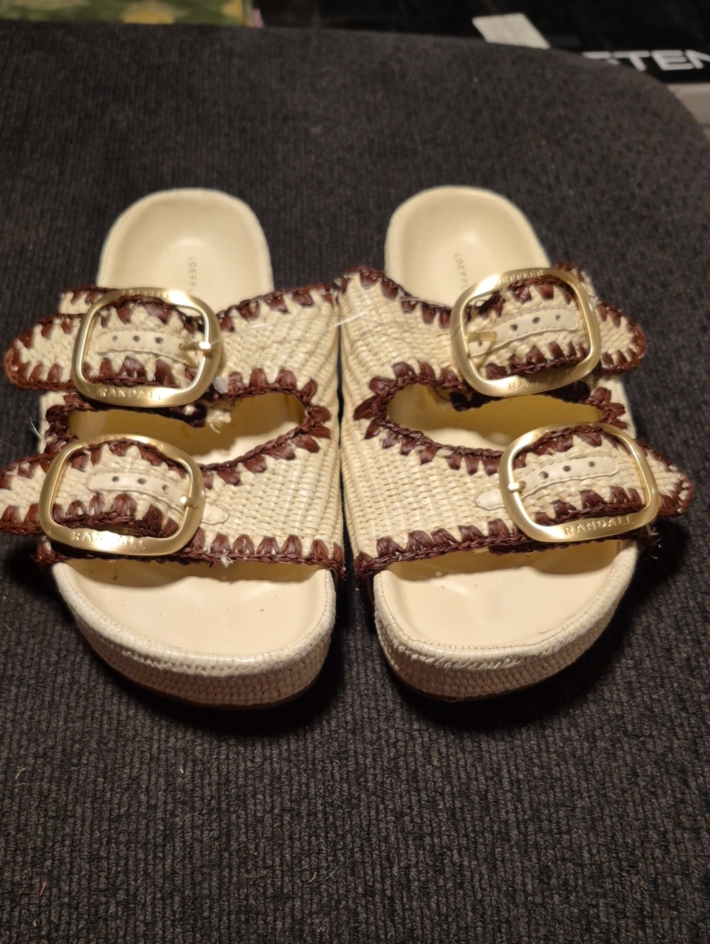 Loeffler Randall Cream Woven Slide Sandals with Brown Trim and Gold Buckles